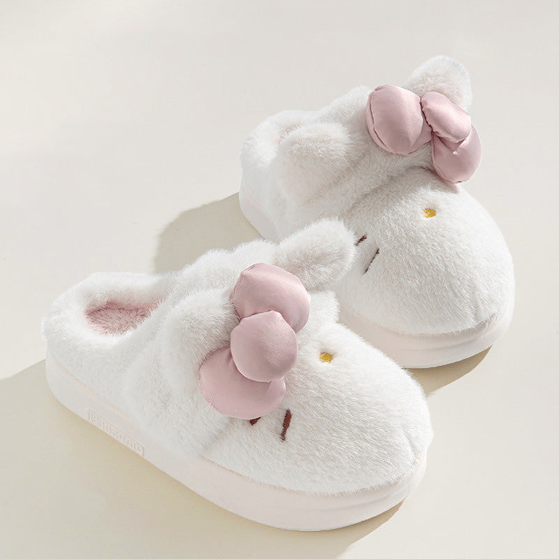 Cute Cartoon Embroidery Bow Decor Plush Slippers