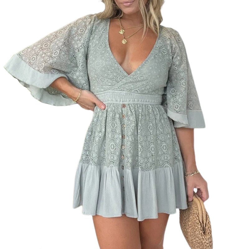 Lace Crochet Romper Dress with Built-in Shorts