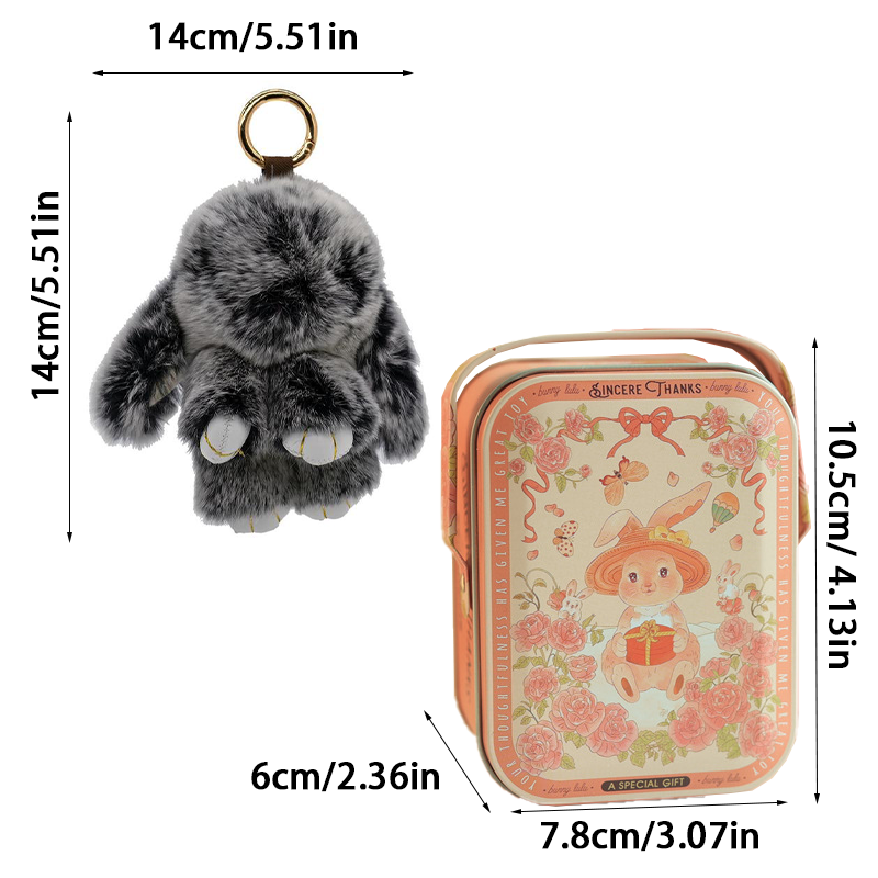 Handmade Fluffy Bunny Pom Pom Keychain with Decorative Tin Box