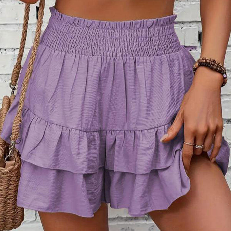 Women's Frill Trim Ruffle Hem Shirred High Waist Shorts