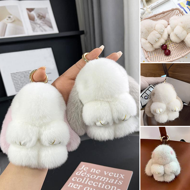 Handmade Fluffy Bunny Pom Pom Keychain with Decorative Tin Box