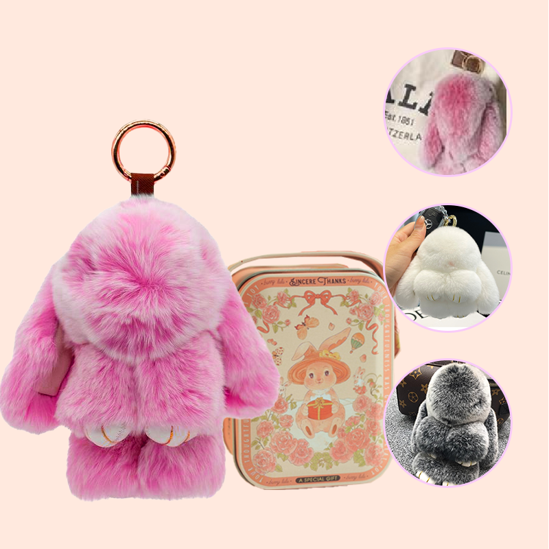 Handmade Fluffy Bunny Pom Pom Keychain with Decorative Tin Box