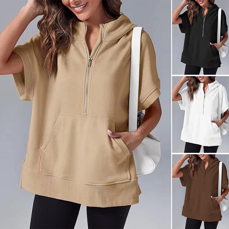 Oversized Casual Half Zip Short Sleeve Pullover Tops