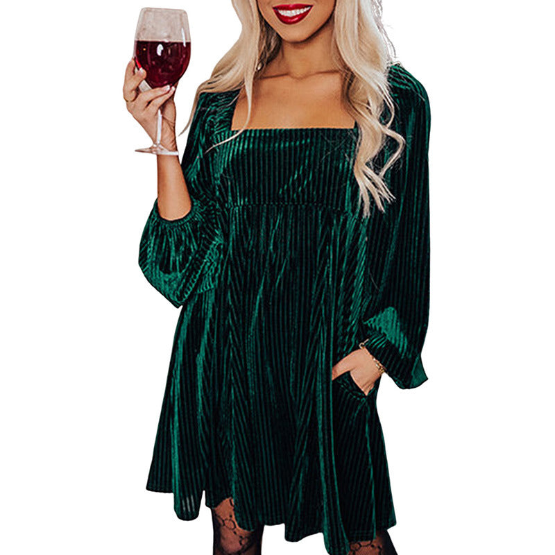 Velvet Square-Neck Long-Sleeve Dress