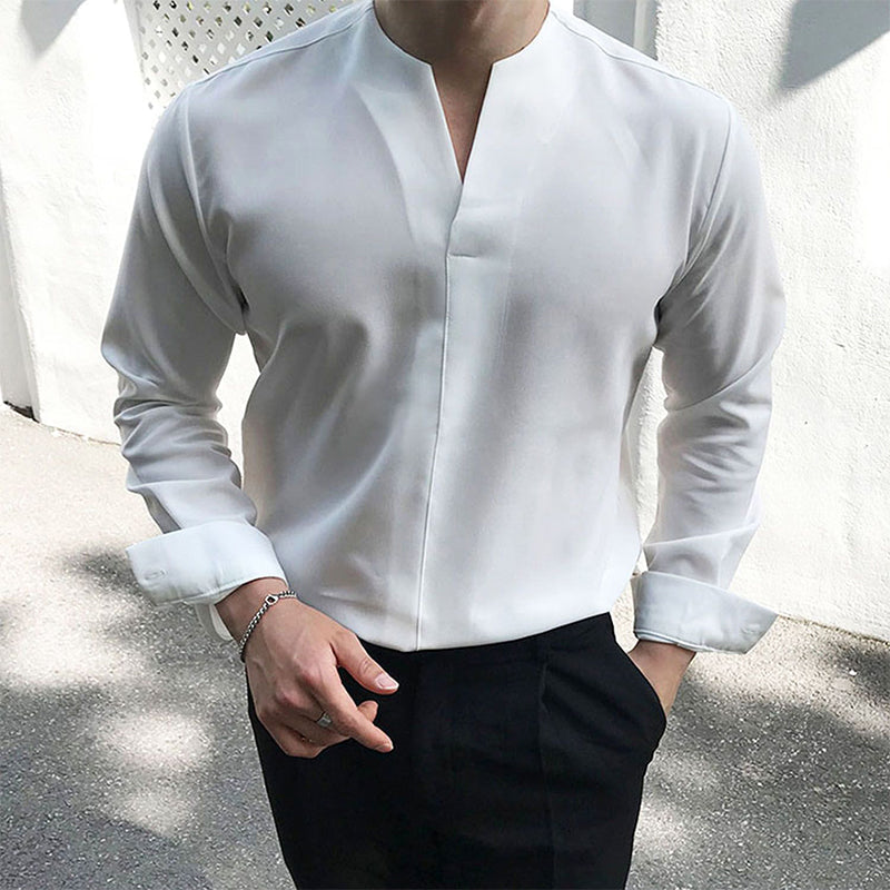 Men's Casual Solid Color V-Neck Long Sleeve Shirt