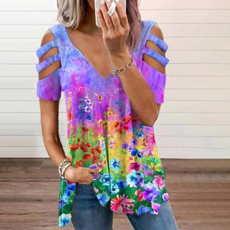 Stylish print t-shirt with cold shoulder