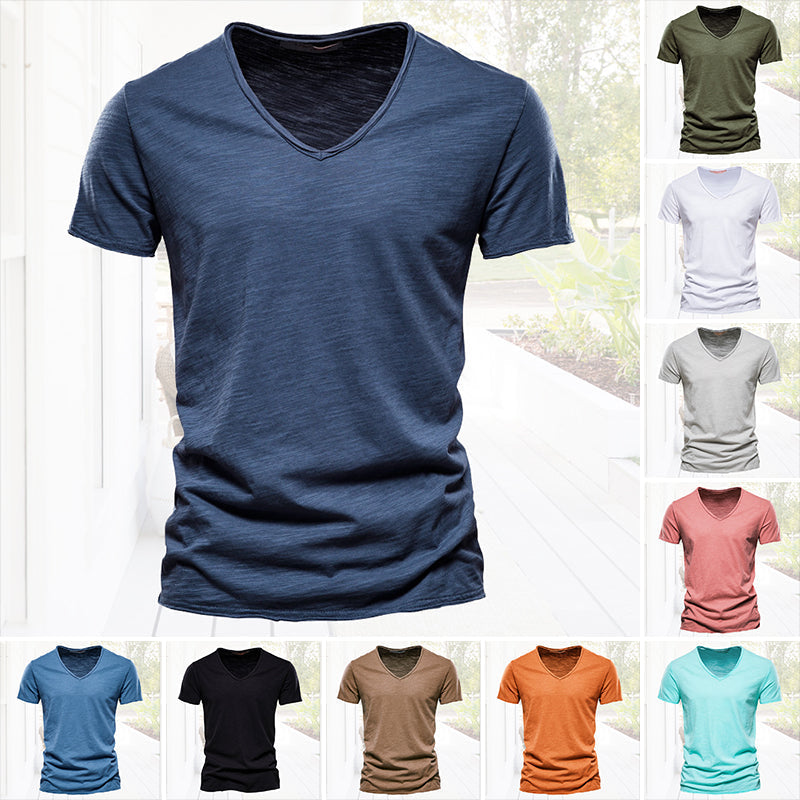 Plain Slub Cotton V-neck T-shirt