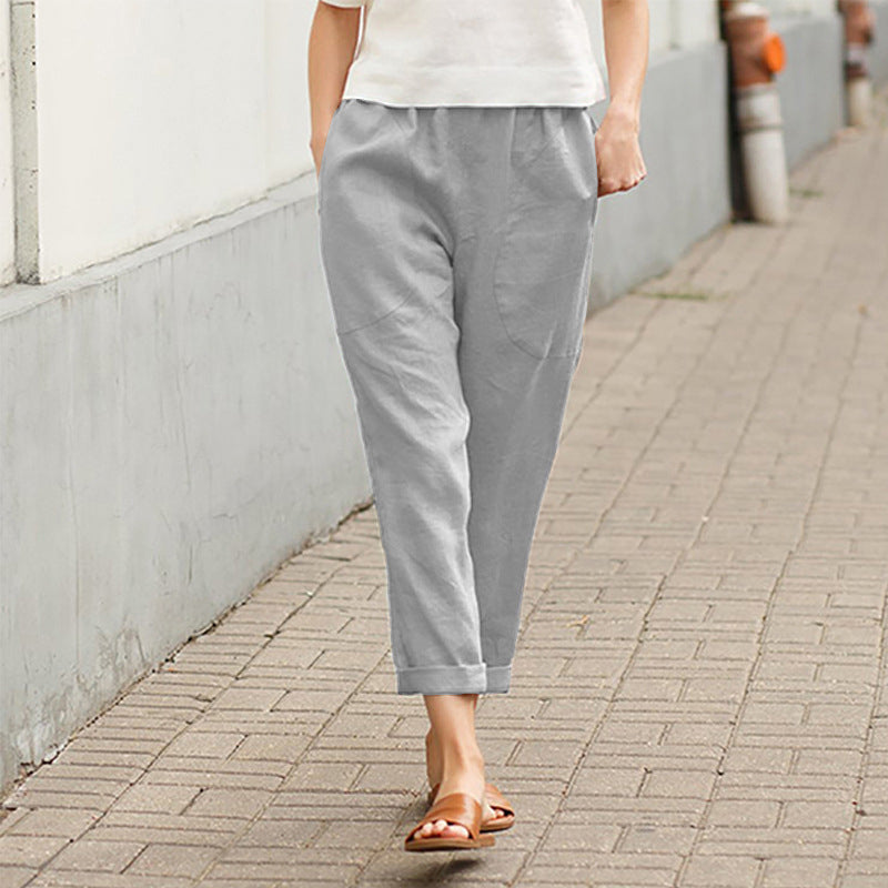 Plain Cotton Linen Casual Pants for Women