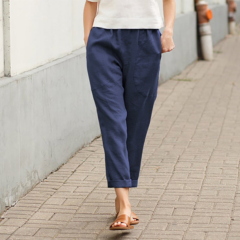 Plain Cotton Linen Casual Pants for Women